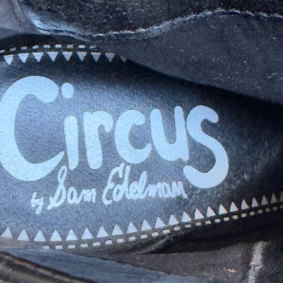 CIRCUS by Sam Edelman Shoes Black Leather Gold Block Heel Bootie Womans 8M - Picture 10 of 12